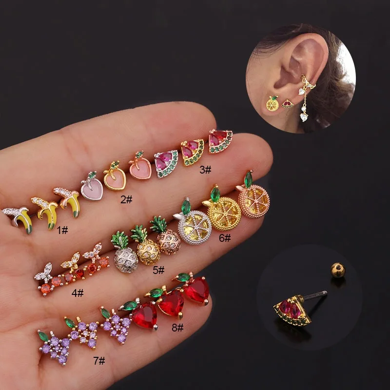 1PC 20G Stud Cz Cartilage Earring Ear Piercing Fruit Conch Lobe Earrings Barbell Piercing Banana Ear Stud Helix Sexy Jewelry