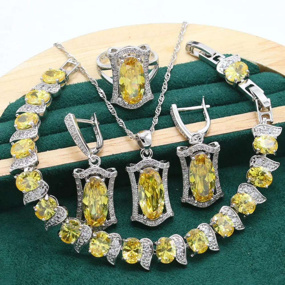 Exquisite 925 Sterling Silver Jewelry set for Women Wedding Yellow Zircon Bracelet Earrings Necklace pendant Ring Birthday Gift