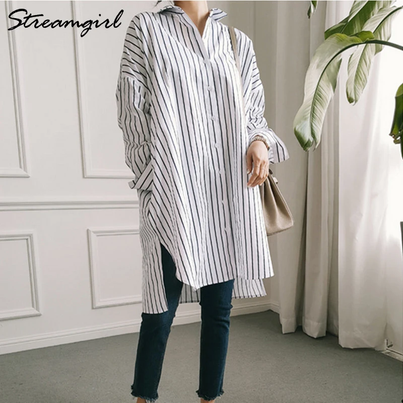 Oversize Blue Striped Shirt Women Tunic 2021 Autumn Cotton Blouse Office Tunic for women White Shirt Oversize Long Sleeve Shirts