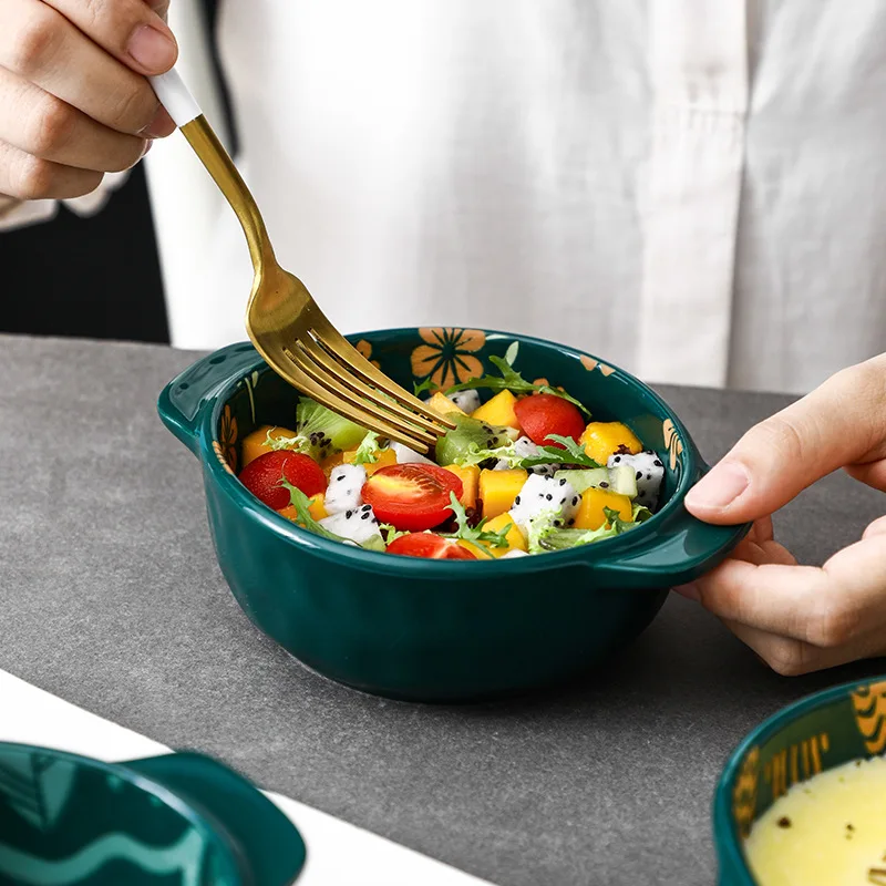 

Japanese and Wind Embossed Glaze Under The Colored Two-eared Household Steamed Egg Bowl Pudding Oven with Dessert Cutlery