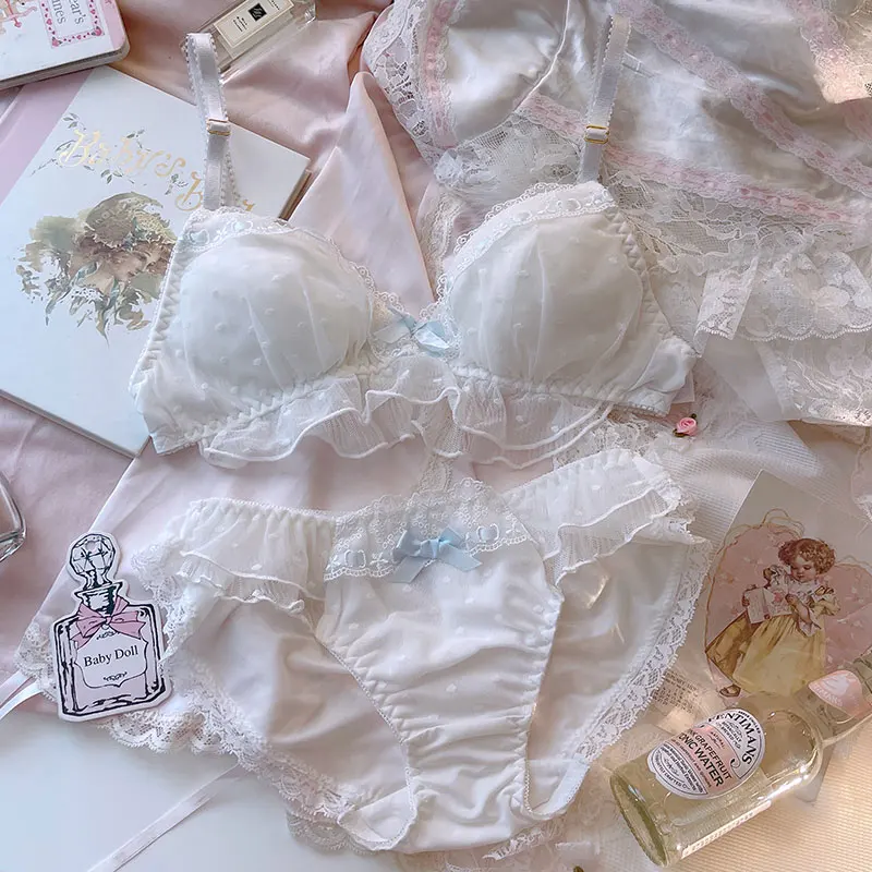 Lingerie fairy girl wearing ribbon ruffle thin bralette lace without steel ring white princess underwear triangle cup bra panty