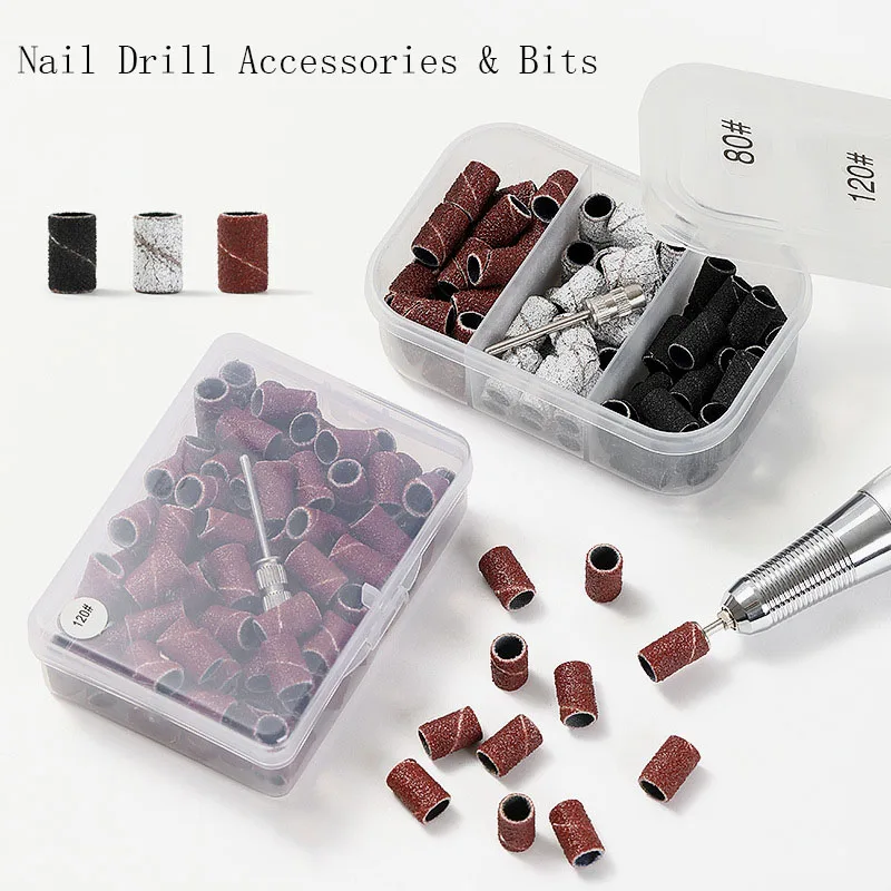 80# 120# 180# Nail Drill Accessories &Bits 100Pcs/Box Nail Polishing Head Sand Ring Set Electric Nails Milling Cutters Diamond