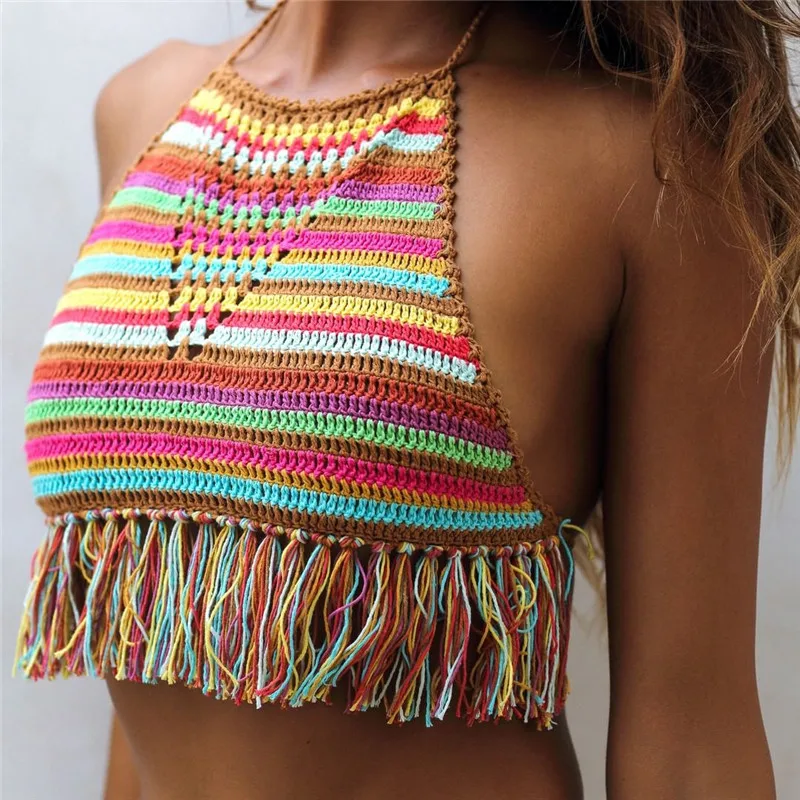 Conjunto de biquíni sexy feito à mão, cores em crochê, listras no topo e mia inferior, praia, roupa de banho feminina