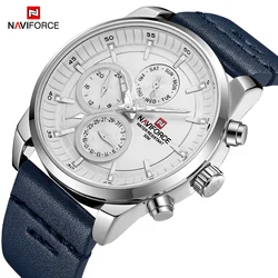 Naviforce relógio de pulso masculino com pulseira de couro, quartzo, impermeável, marca de luxo, esportivo, casual, para homens