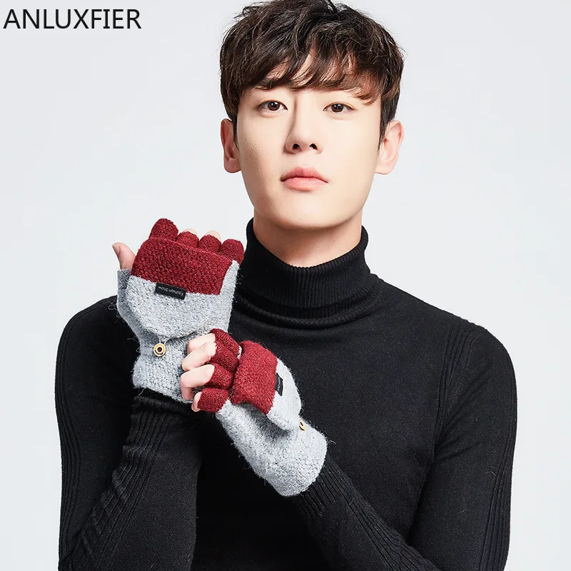 H10037 Men Gloves Autumn Winter Flip Half Finger Knitting Mittens Korean Touch Screen Student Thickened Warm Riding Hand Muff