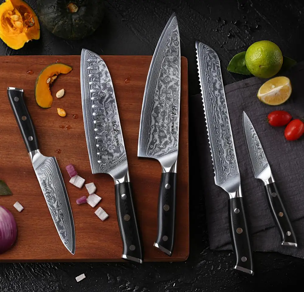 TURWHO 7 PCS Best Kitchen Knives Sets With Excellent Acacia Wood/Knife Set BlocK Super Sharp Japanese Damascus Steel Knives Set