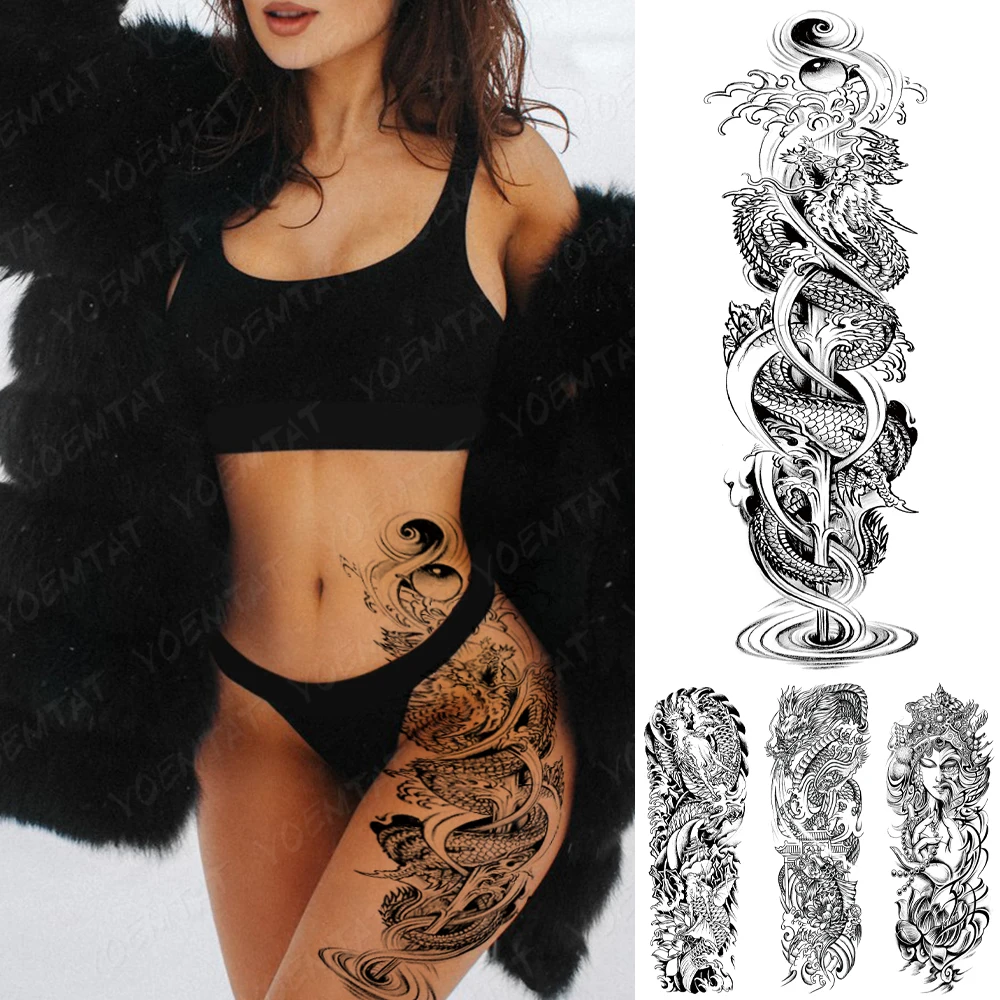 Full Arm Sleeve Water Dragon Sword Carp Waterproof Temporary Tattoo Stickers Women Thigh Back Transfer Fake Tattoos Body Art Men