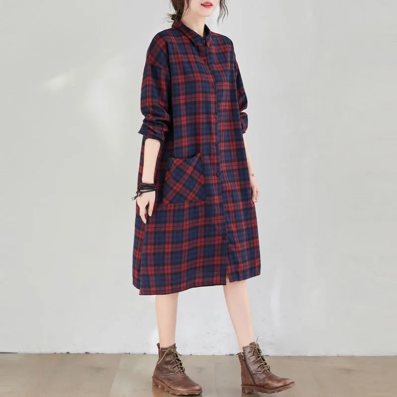 Women Loose Casual Shirt Dress New Arrival 2020 Autumn Korean Simple Style Vintage Plaid Female Cotton Knee-length Dresses S2797