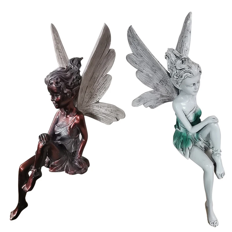 Resin Flower Fairy Statue Sitting Art Sculpture Figurines Angel Wings Garden Ornament Craft Landscaping Home Decoration Outdoor