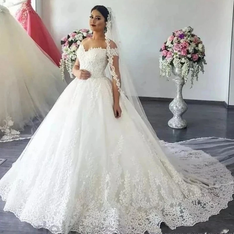 Vestido De novia blanco con hombros descubiertos, Vestido De Novia De encaje hecho a medida, Vestido De novia De talla grande, Túnica De tul De Mariee