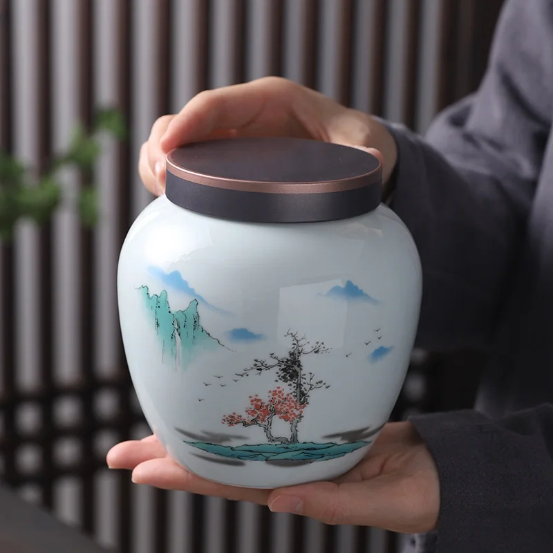 Landscape Painting Ceramic Tea Caddy Moisture-proof Sealed Storage Jar Bottle Kitchen Food Storage Container Desktop Decoration