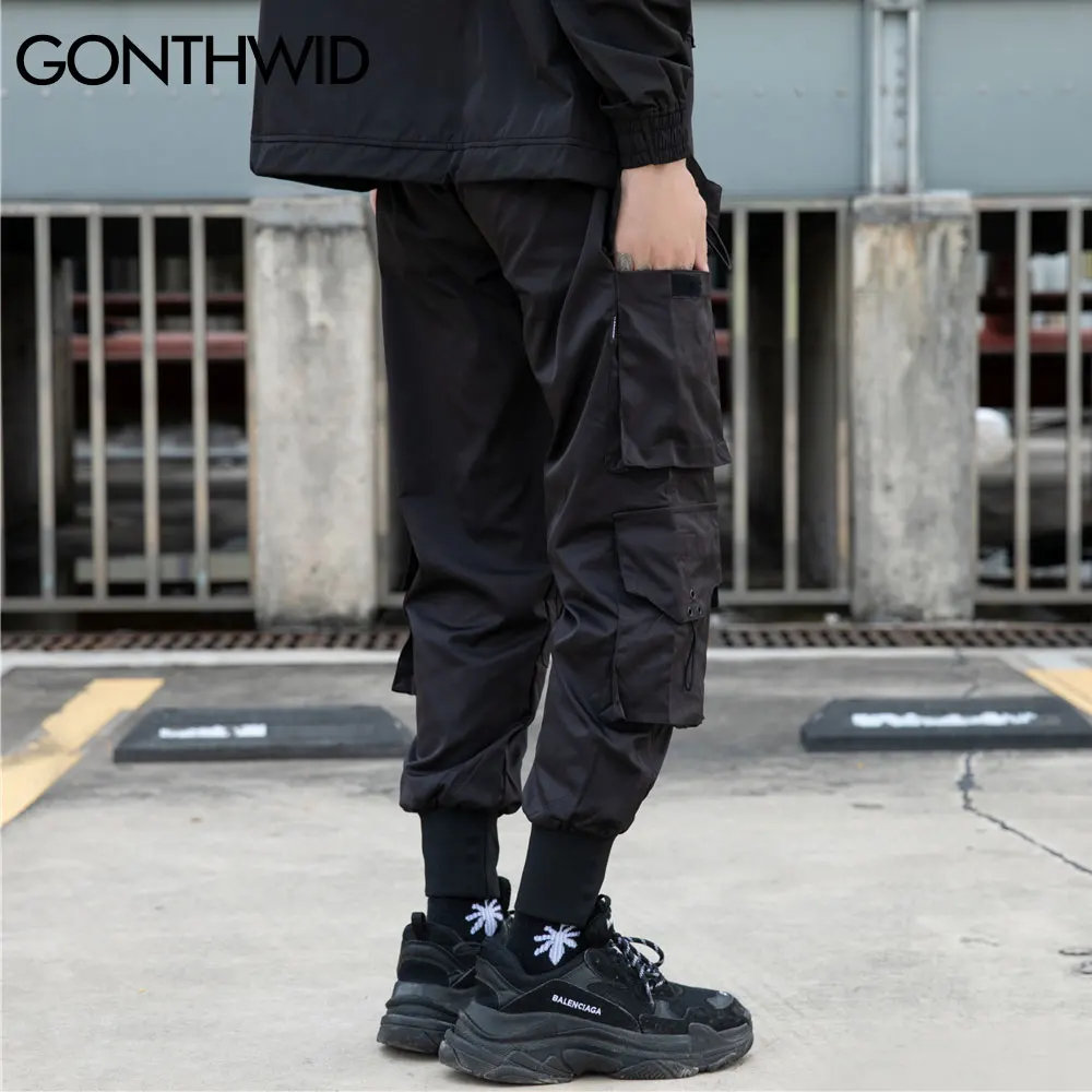 GONTHWID Pants Streetwear Hip Hop Multi-Pockets Casual Cargo Harem Joggers Pants Mens Fashion Loose Baggy Punk Military Trousers