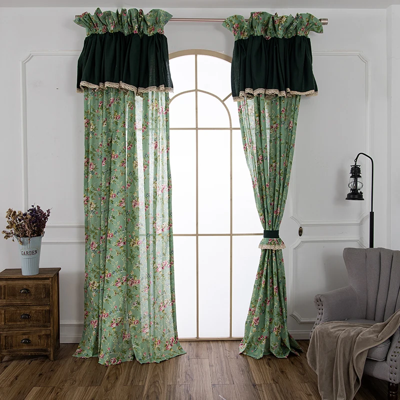 

Korean Rural Dark Green Curtains Floral Cotton Linen Semi shading Cortinas Pastoral Window Decoration with Valance B & B curtain