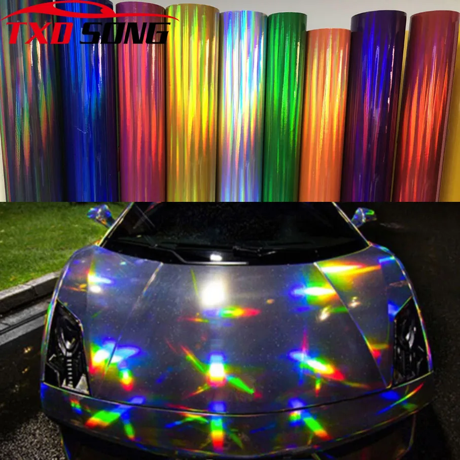 50CM*200/300/600CM Holographic Laser Chrome Black/Red/Silver PVC Vinyl Wrap Car Interior Decals Stickers Sheet Film