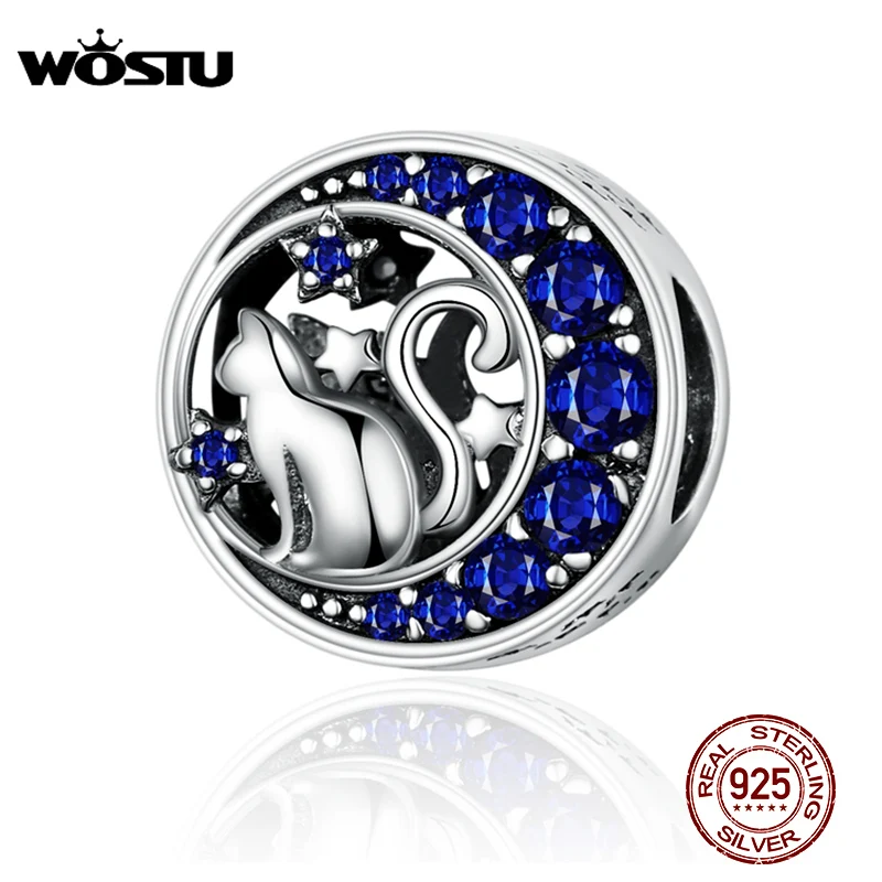 WOSTU Moon & Star Cute Cat Beads 925 Sterling Silver Blue Enamel Charm Fit Original DIY Bracelet Pendant Jewelry Making CQC1204