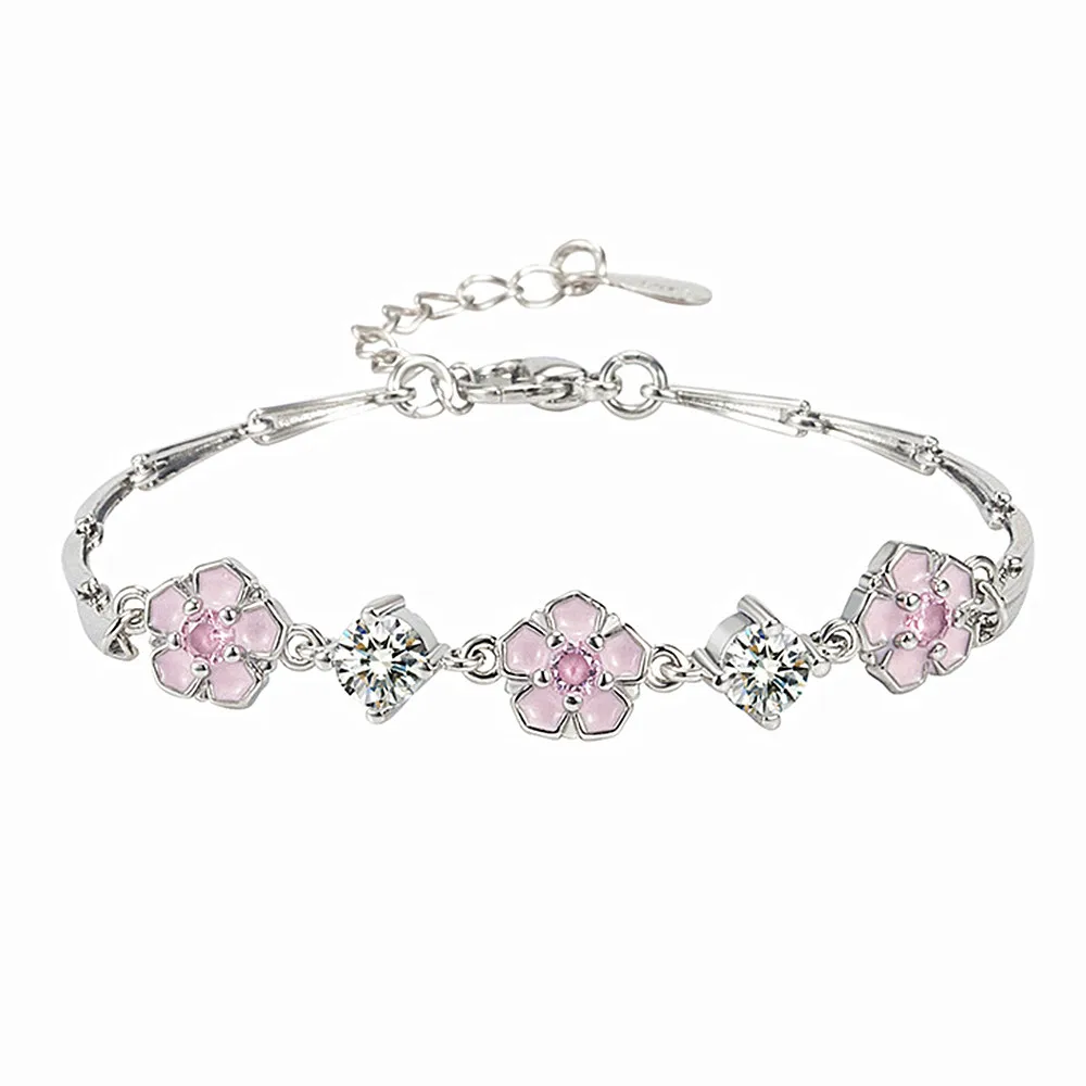 Bracelets de chaîne en pierres précieuses Sakura pour femmes et filles, bijoux de couleur rose, cristal, Zircon, blanc, or, argent, à la mode