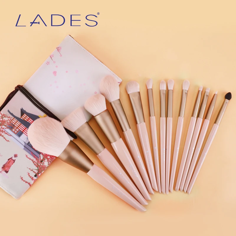 Lades-pincéis de maquiagem profissional femininos, 13 peças, para base, pó, maquiagem, blush, sombra, com bolsa rosa