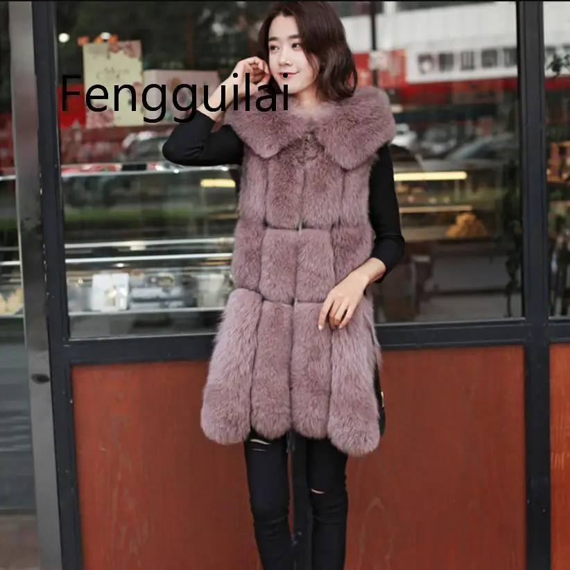 Giacca di pelliccia delle nuove donne di inverno Faux Fox Fur Vest cappotto moda con cappuccio gilet di pelliccia cerniera laterale cuciture in pelle caldo Outwear