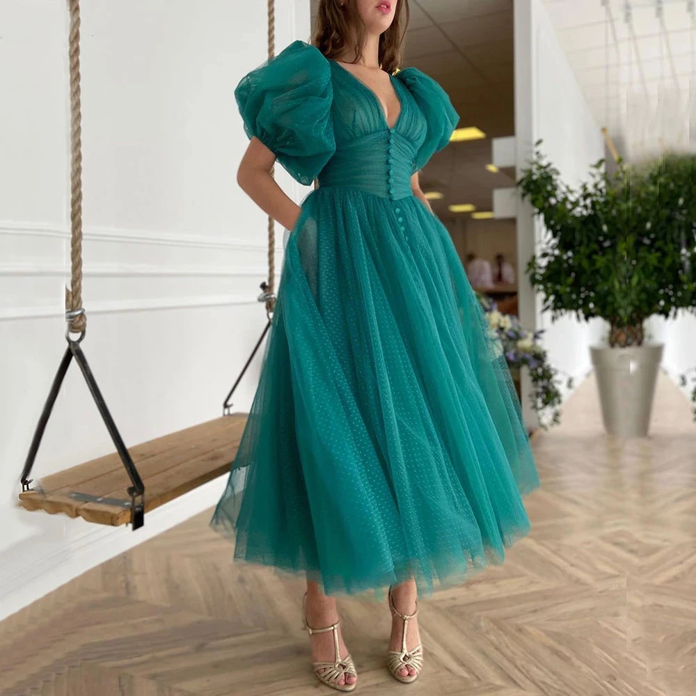 Robe de Soirée en Tulle Vert à Pois, Col en V, Manches 2023, Longueur Thé, lèvent Plissés, Élégante, Courte, Tenue de Bal, Sans Noir