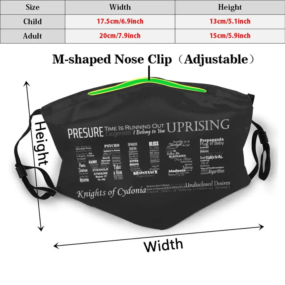 Muse-mascarilla con filtro antipolvo para niños y adultos, máscara tipográfica con diseño de música y cidonia, simulación de levantamiento, Drones, canciones tipográficas