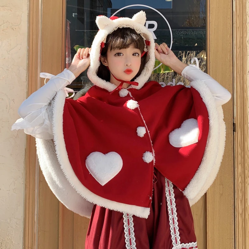 New year's autumn winter department soft girl Lolita lovely short thick Cape woolen coat woman