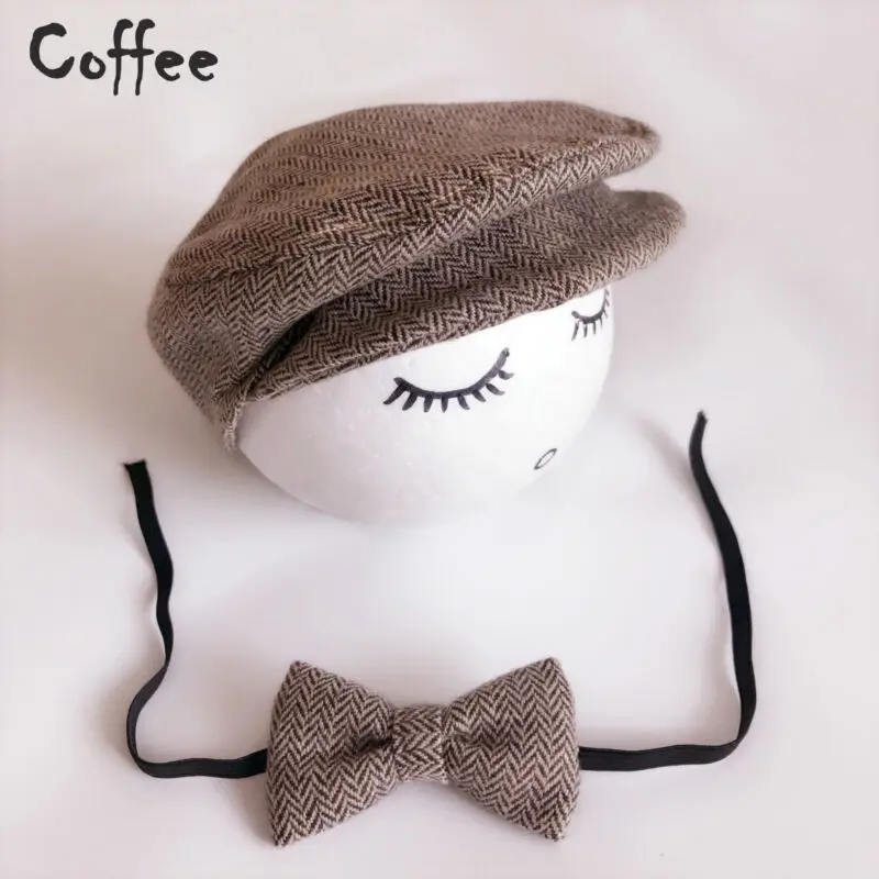 2020 Newborn Photo Props Baby Boys Beret Hat + Bow Tie Set Newborn Newborn Photography Props Gentleman Cap Photo Outfit