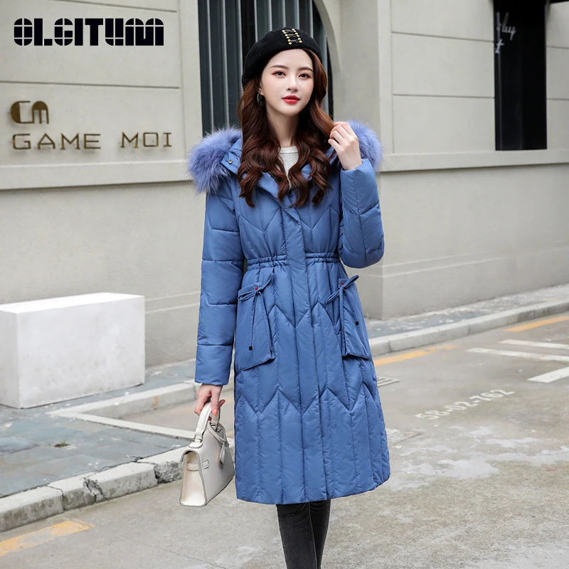 Plus Size Large Fur Hooded Women Long Down Cotton Parkas Winter Jacket Women Thicken Slim Cotton Padded Jackets Female 4 Colors