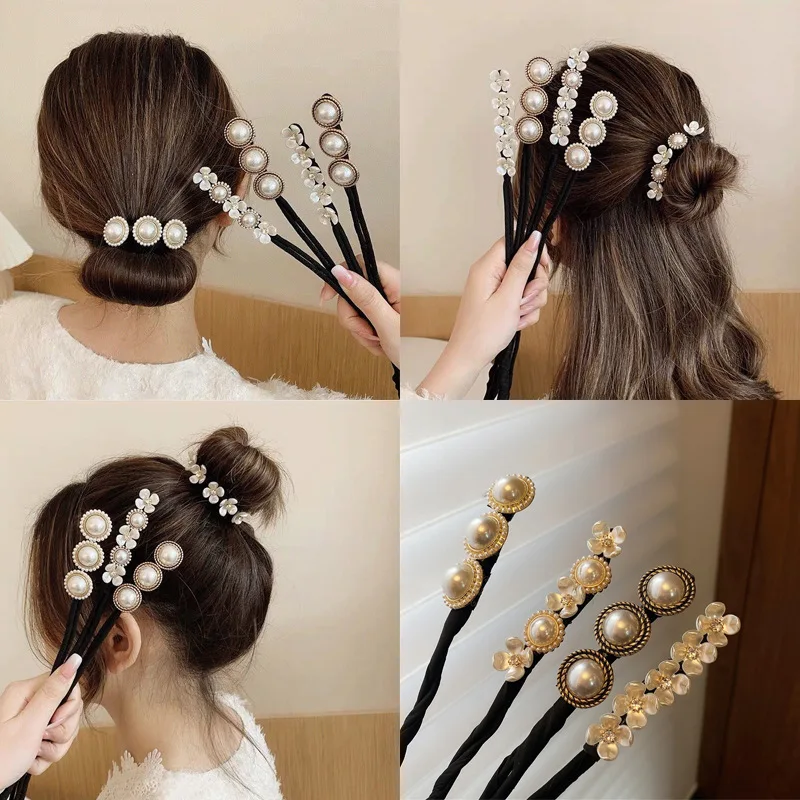 Elegant Pearl Hair Bun Maker Women Hairstyle Donut Hair Stick DIY Updo Hair Accessories Tool Floral Plate Hair Hairband Chignon