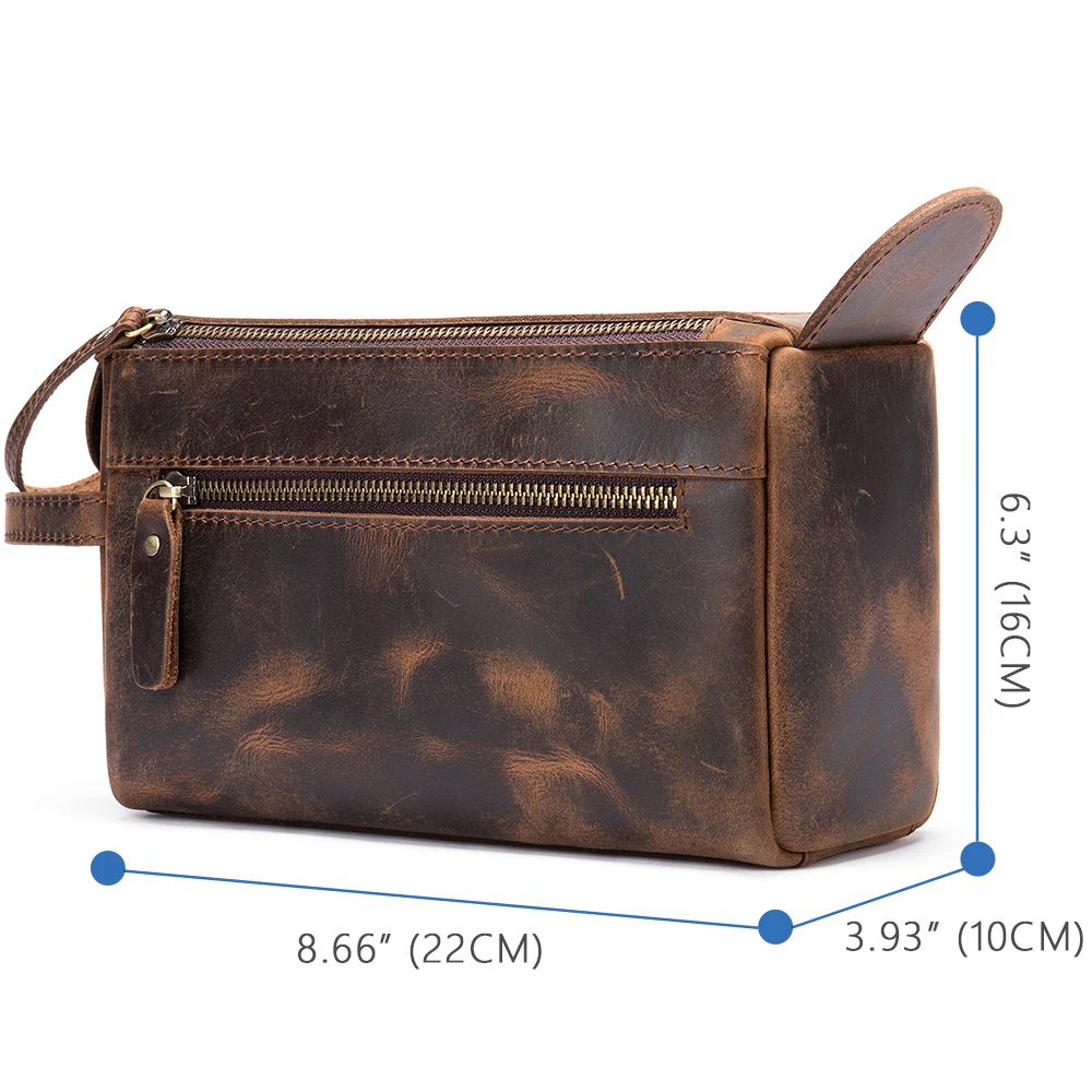 MVA Crazy Horse Leather Men Comestic Bag Vintage Mens Leather Wash Bags Travel Makeup Bag Pouch Double Zipper Man Toiletry Case