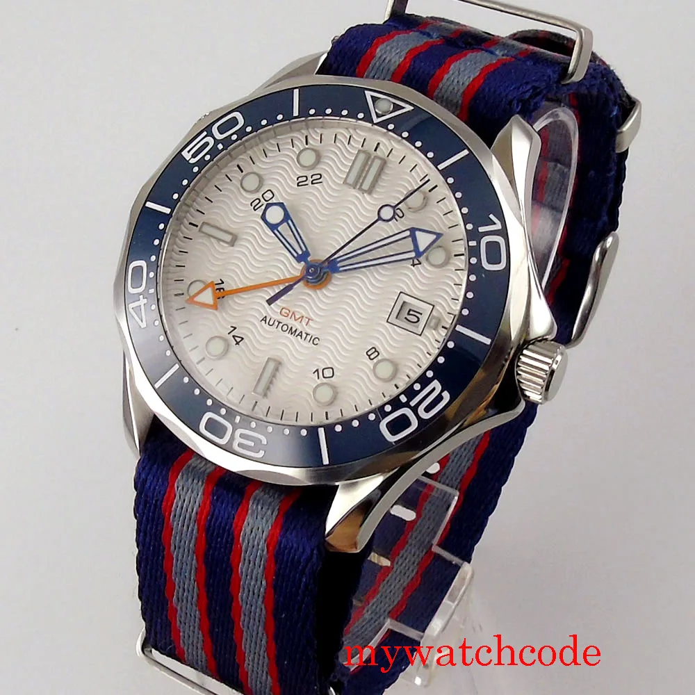 Bliger 41mm relógios automáticos função gmt safira cristal calendário cinta de náilon cearmic bezle inserção