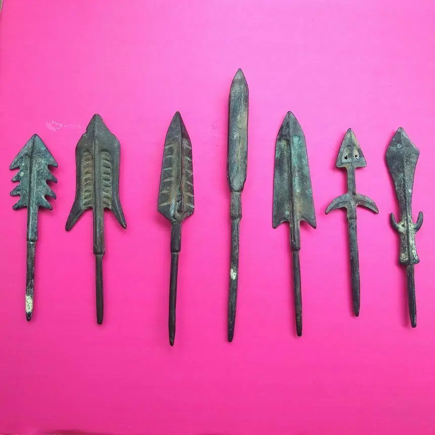 7 Piece Rare Vintage Bronze Spearpoint Enginery Spear lance Model Ancient Asia Man Working tool