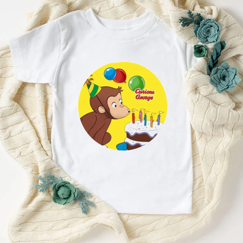 Newly boys t shirts Curious George Cartoon print under yellow hat monkey kids shirt cute girls t-shirts birthday costume tops