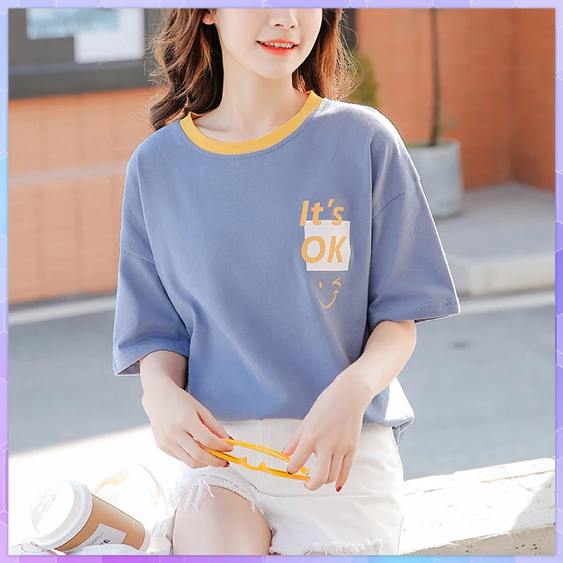 Letter Print Tshirt Women's Cotton Tees Shirt Loose T-shirt Casual Striped Short-sleeved Oversize Top Summer Korean Tee Shirt