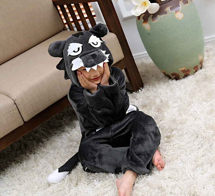 Children Kigurumi Animal Wolf Onesies Cosplay Costume Jumpsuit Boys Girls Pajamas Winter Sleepwear Halloween Romper Party Dress