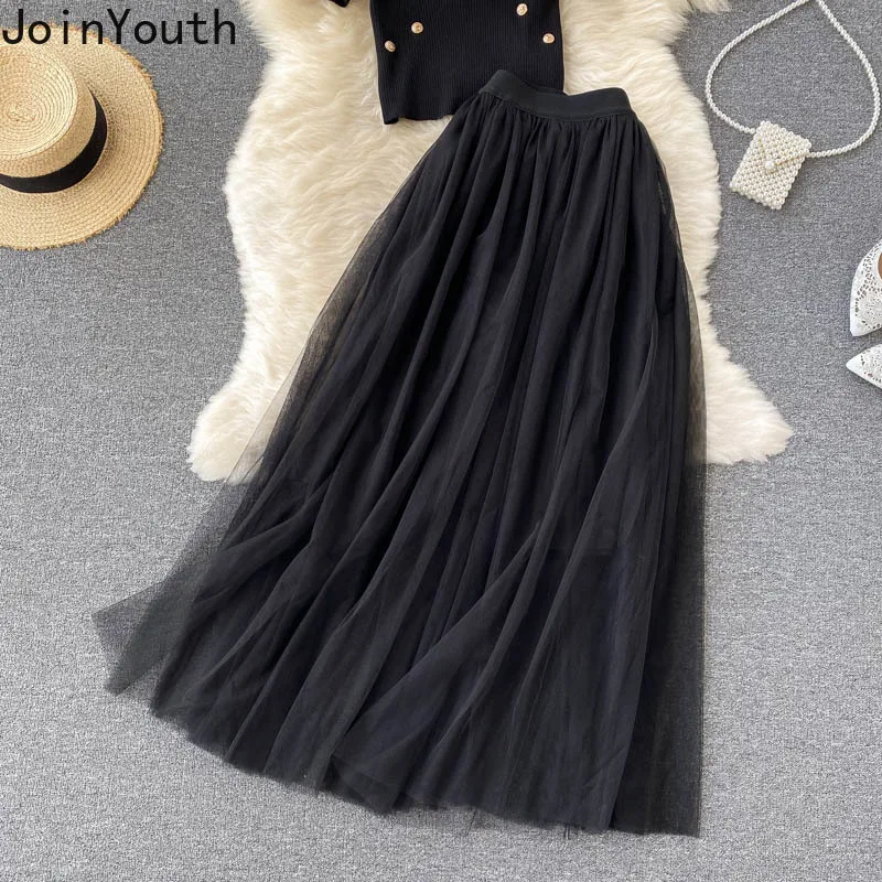 Joinyouth Temperament Two Piece Sets Women Stand Collar Embroidered Knit Tops + High Waist A-line Skirts Korean Chic Suit 2 Pcs