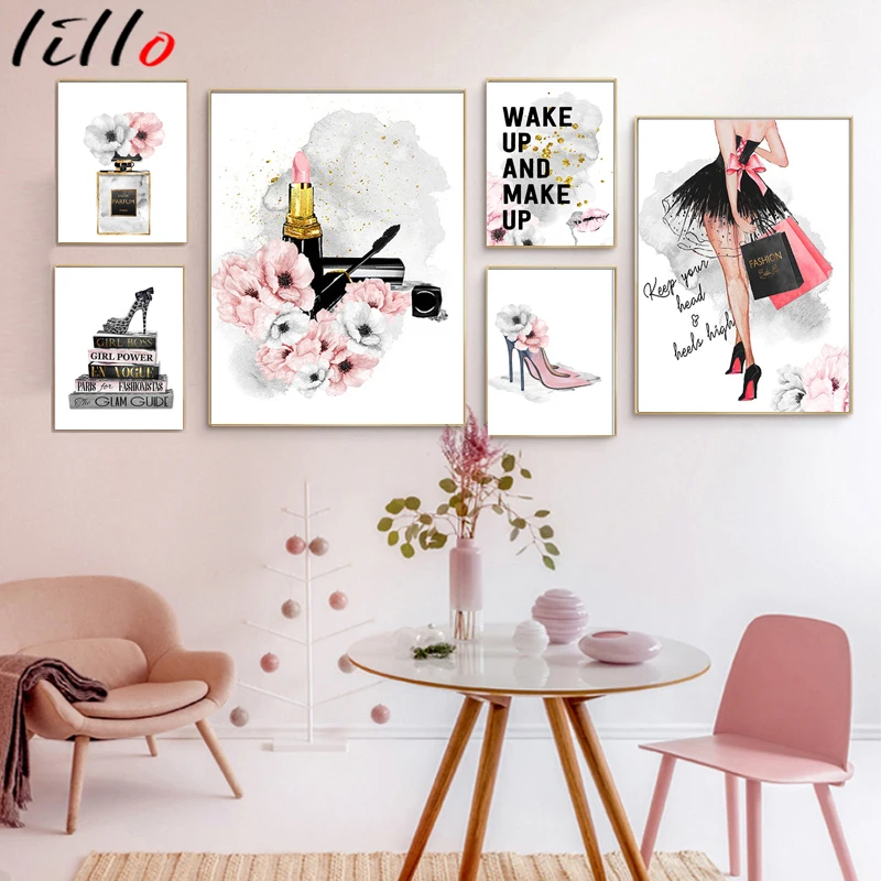 

Lipstick perfume high heels fashion poster floral makeup print on canvas art painting wall modern image living room girl home de