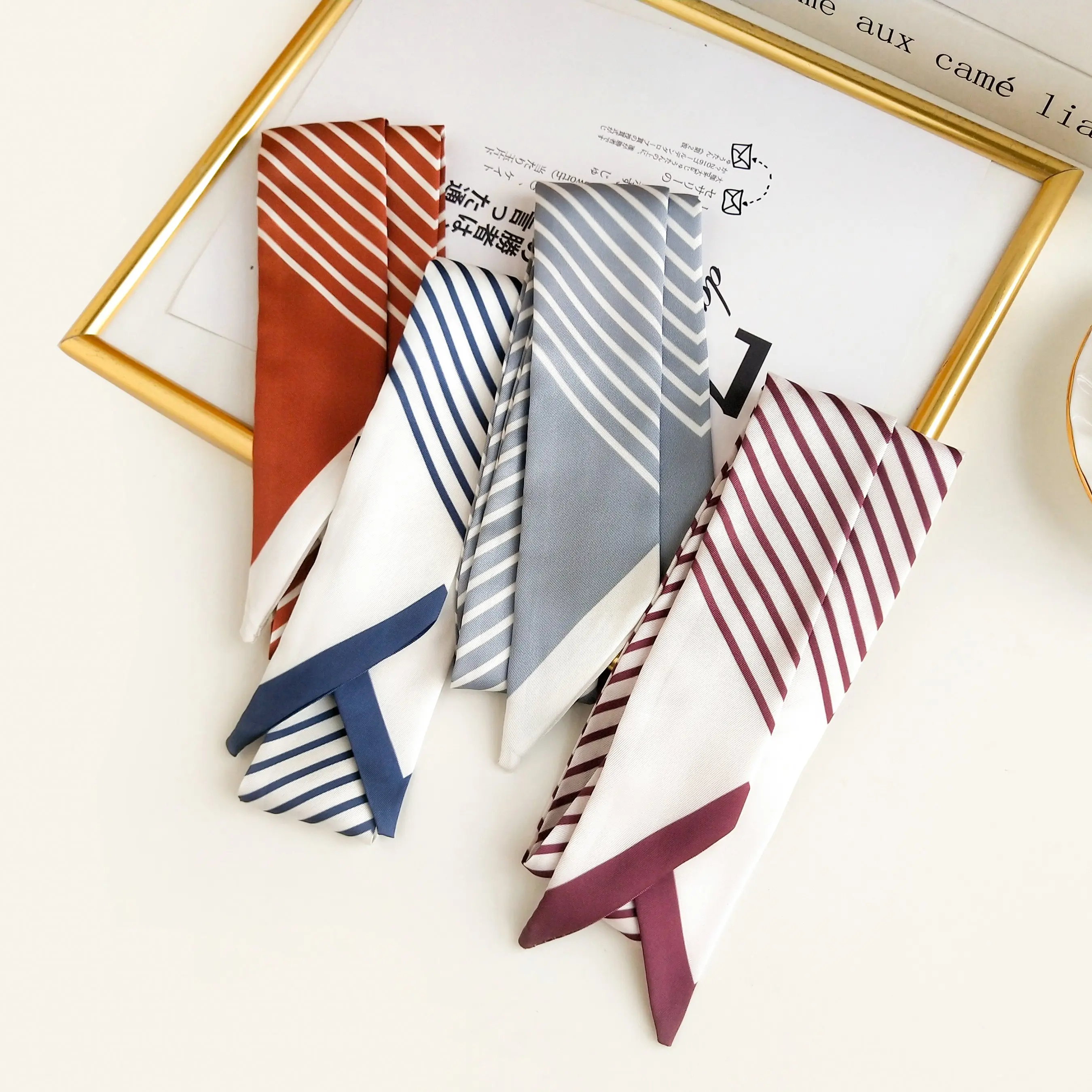 Korean-Style Small Silk Scarf Women\'s Spring Autumn Narrow Fashion Striped Arm Bag Ribbon Neckerchief Small Ribbon