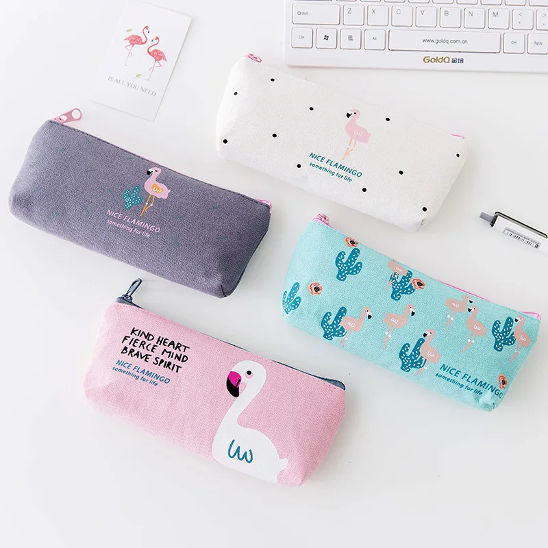 Cute Pink Flamingo Canvas Pencil Storage Case Organizer Pen Bags Pouch Pencil Bag School Supply storage bag purse eco friendly