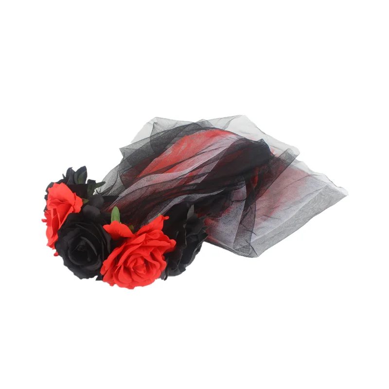 

Sugarbay Day of Dead Headband Bride Veil Fancy Dress Costume Party Halloween Accessories Black Rose Headwear Flower Hairband