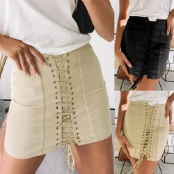 SKMY Black Mini Skirt Women Clothing Harajuku Fashion Solid Color Bandage Lace-Up Sexy Bodycon Pencil Skirt Party Clubwear