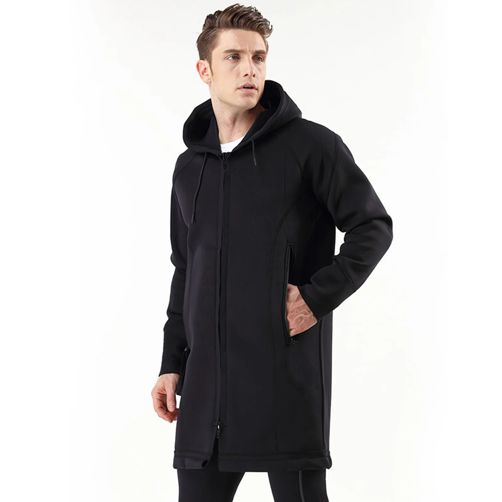 Neoprene Men Rain Jacket Long Coat Raincoat Long Sleeve Surfing Water Sports Surf Wetsuit Poncho Hiking Windcheater Black