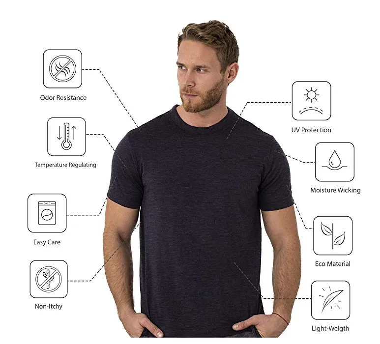 100% Merino Wool T Shirt Men Base Layer Merino Tshirt 180G Everyday Undershirt Wicking Breathable Anti-Odor + Hiking Blend Socks