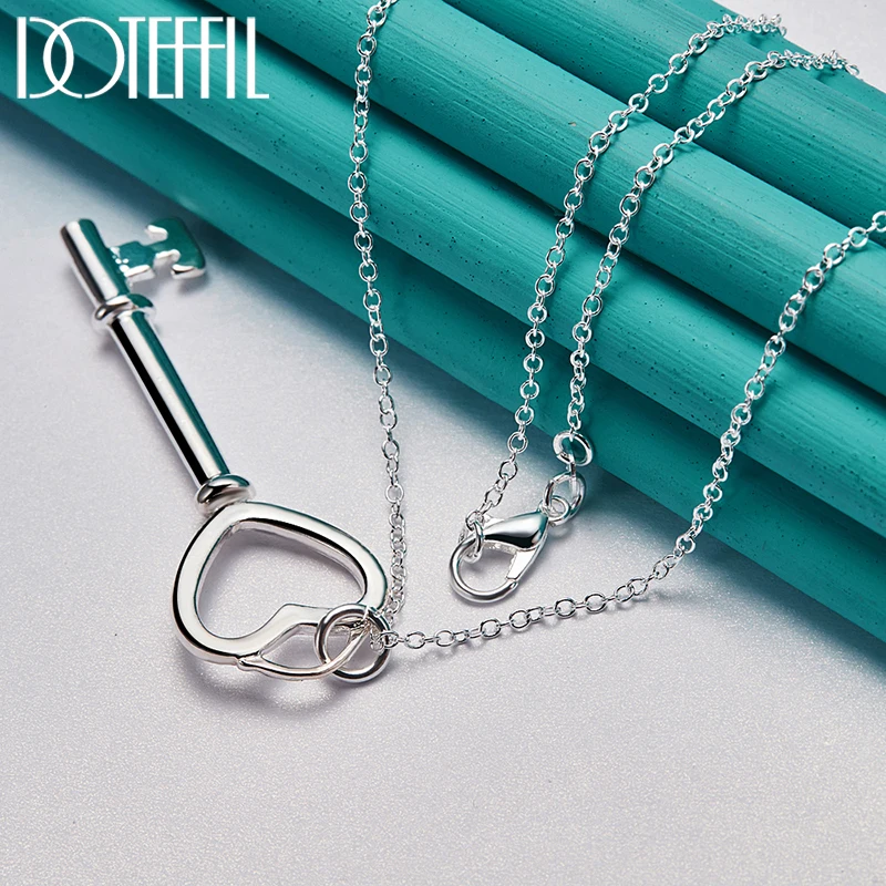 DOTEFFIL 925 Sterling Silver Heart Key Pendant Necklace 16-30 inch Snake Chain For Woman Fashion Engagement Charm Jewelry