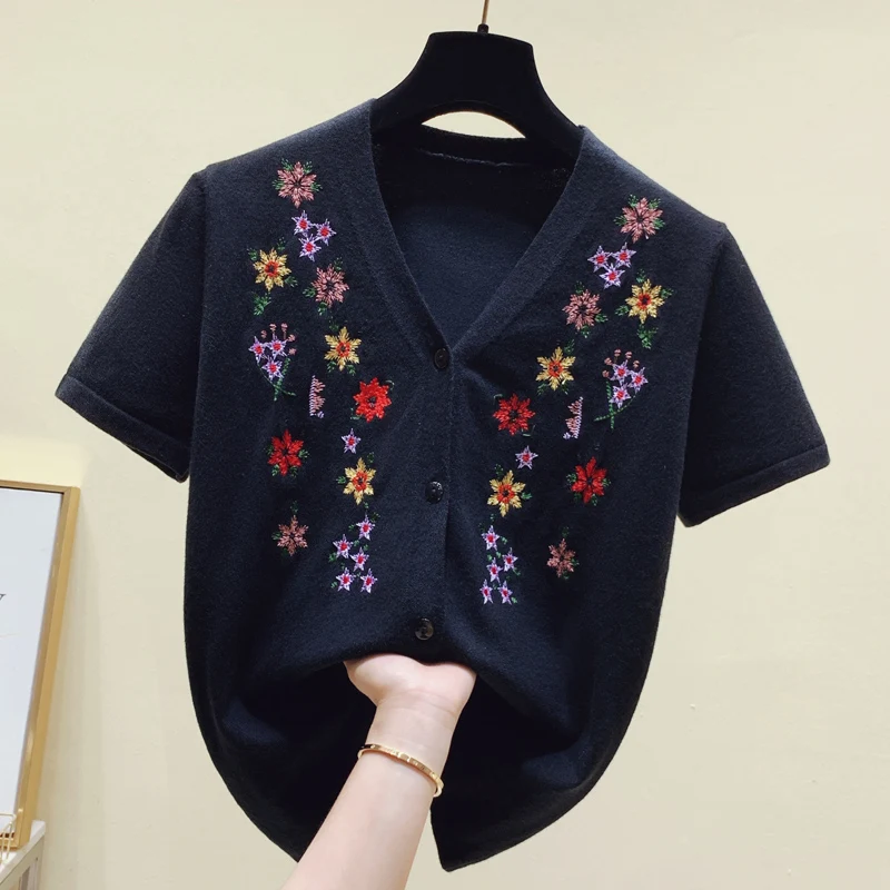 V-neck Ice Silk Cardigans Women Summer Knitted Sweater Thin black White Ladies Casual Knitting Coats 2021 Cardigan Femme