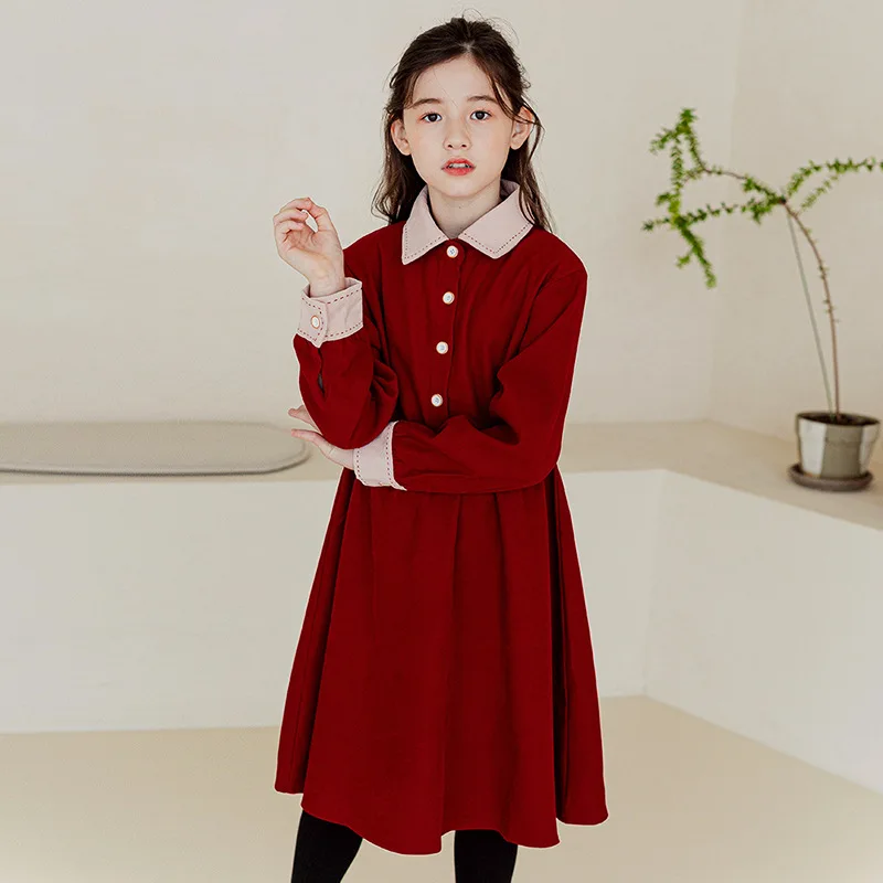 

Red Teen Girls Dress Long Sleeve Haute Conture Teenager Kids Fall Clothes Children Outfit French Style Christmas