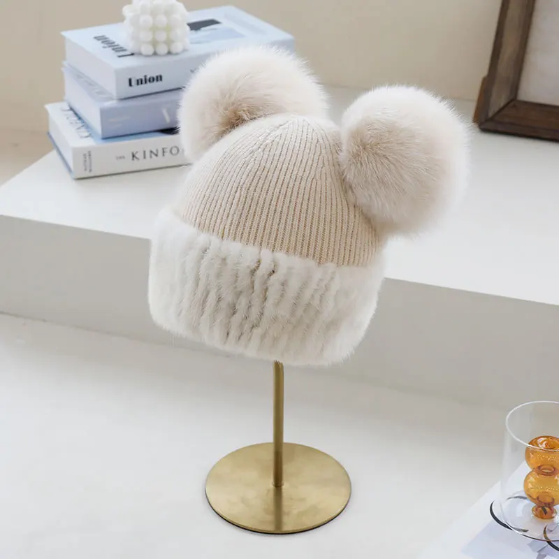 

2021 New Mink Fur Hats with Fox Fur Balls Sweet and Lovely Fur Beanies Winter Fleece Knitted Yarn Caps Children's Hat Warm Wool