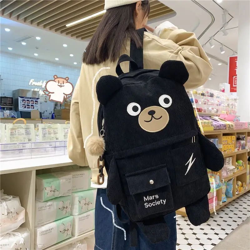 New Creative Cartoon Backpack Women Cute Bear Casual Backpacks Large Corduroy Embroidery Schoolbag For Teenage Student 2021