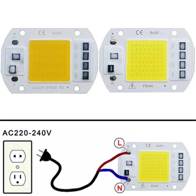 Chip de cuentas de lámpara LED COB, bombilla LED de CA 220V, 10W, 20W, 30W, 50W, IP65, IC inteligente de alta potencia, foco de bombilla de