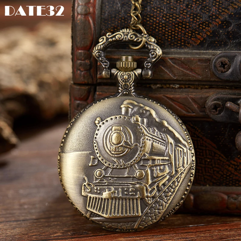 

Bronze Train Necklace Pendant Quartz Pocket Watch Male Smooth Classic Flip Clip Fob Chain Clock for Men Women Birthday Day Gift