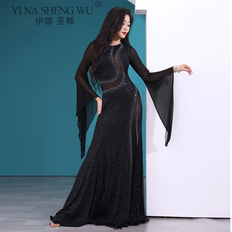 New Belly Dance Dress Round Neck Slim Long Skirt Flared Sleeves Competition Clothes Female Elegant Performance Practice Clothing